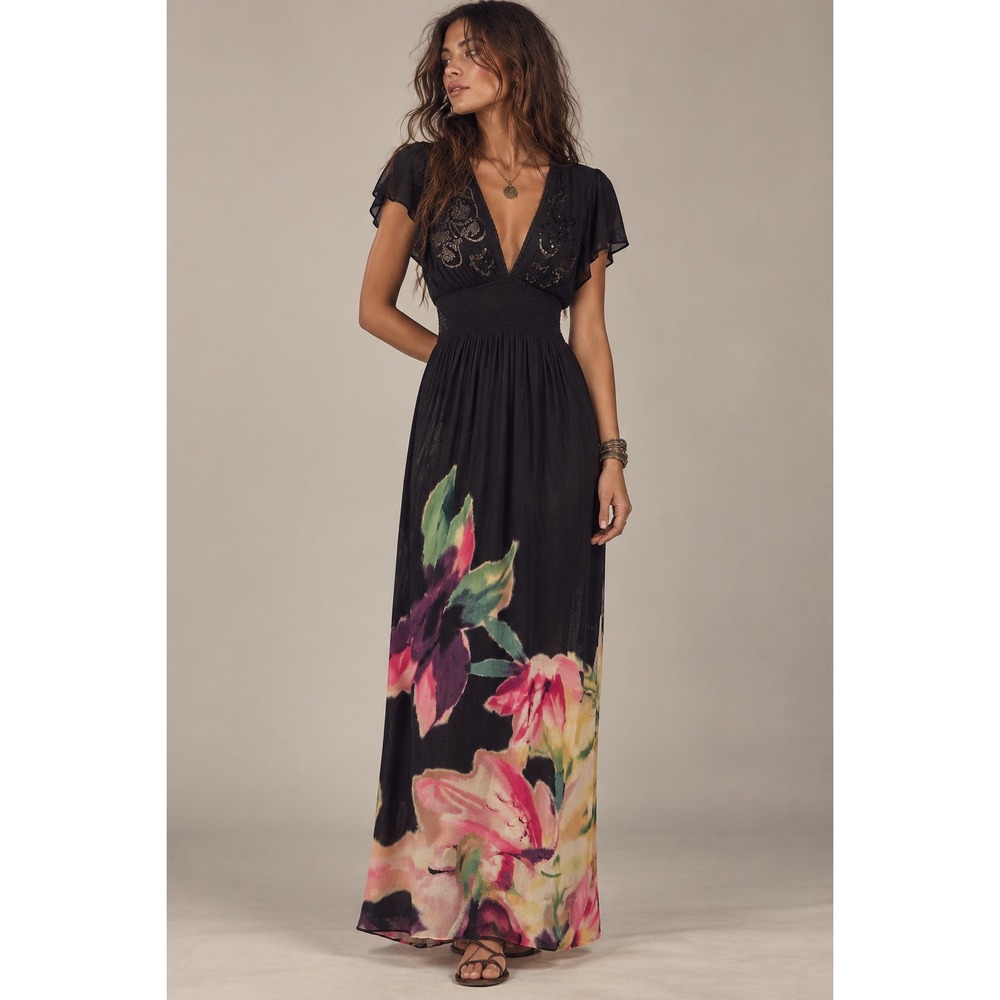 Desigual Black Floral Sequin Smocked Waist Maxi Dress 8 Boho Artsy Whimsigoth